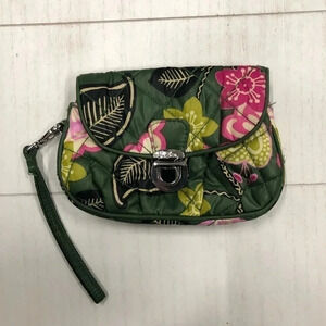 Vera Bradley Puffy Wristlet Olivia Pink EUC Pink/Green Quilted Nylon Push Lock